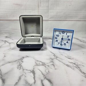 Vintage Blue Plastic Wind Up Seth Thomas Travel Alarm Clock w/Case Germany